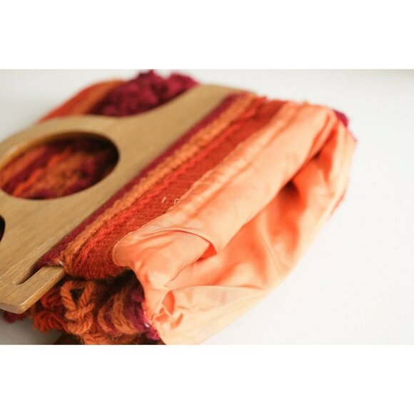 Vintage 70s Textured Knit Macrame Colourful Wood Handle Tote - Picture 6 of 7